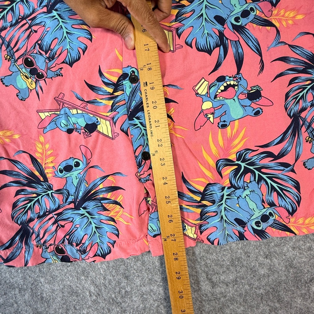 Disney Stitch Shirt Mens Medium Pink Tropical Hawaiian Button Down Short Sleeve - Picture 7 of 9